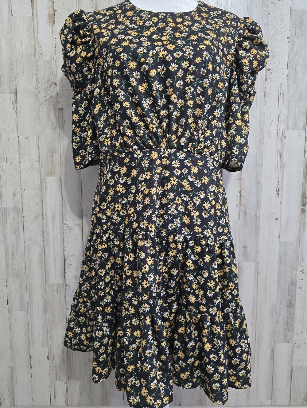 INA Black Yellow Floral Midnight Daisy Puff Sleeve Mini Dress Size Medium